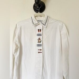 White Vintage Embroidered Gardening Goose Button Up Blouse